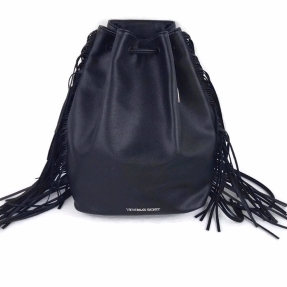 Victorias Secret Black Faux Leather Drawstring Bag - Picture 8 of 8